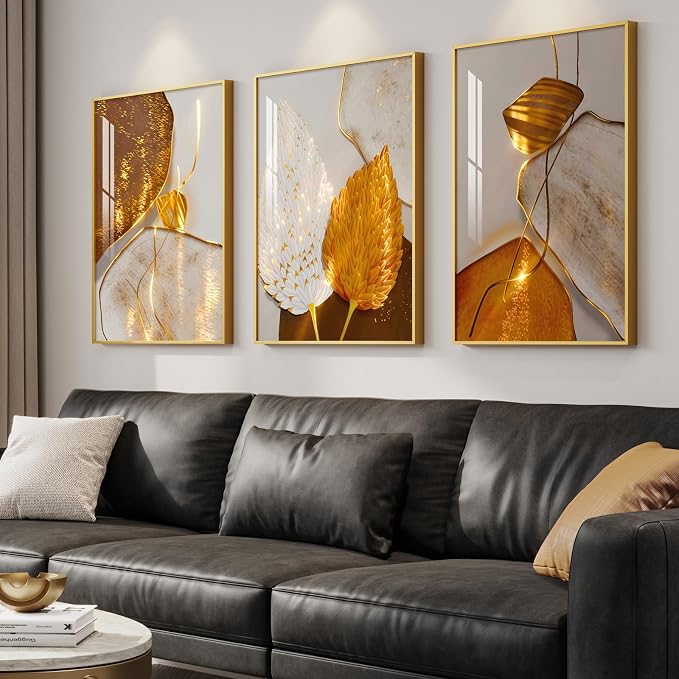 Framed Modern Luxury Wall Art for Living Room, Large White and Gold Leaf Artwork for Bedroom Walls, 3 Piece Contemporary Bright Style Abstract Prints for Office Hallway Hallway Wall Decor, 24x36 Inch