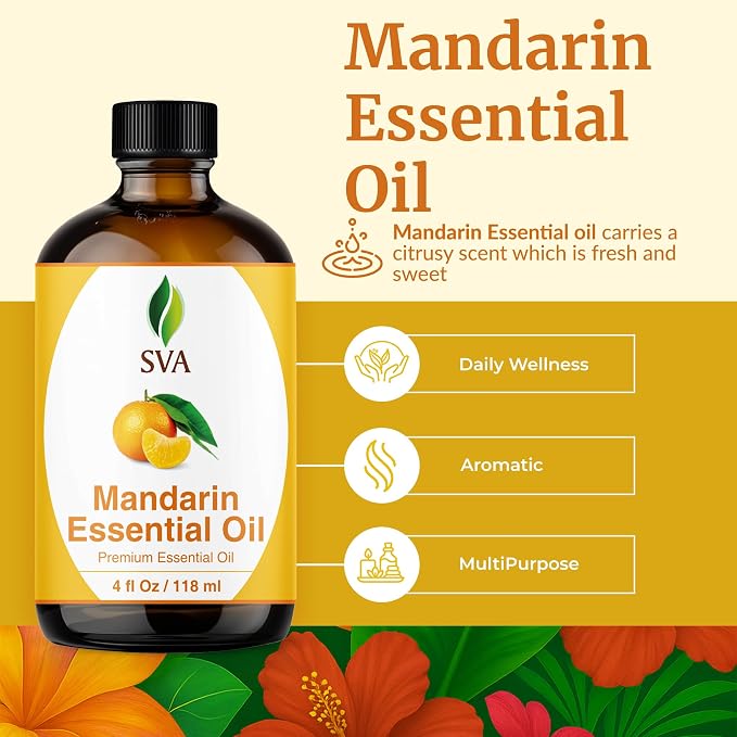 SVA Mandarin Essential Oil 4 Fl Oz – for Diffuser, Skin & Hair Care – Ideal for Massage & DIY Blends - with Dropper