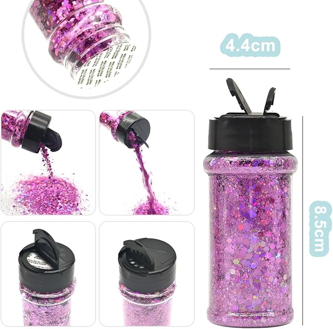 Electric Bliss Beauty - Ultra Pink Holographic Craft & Beauty Glitter - 2oz/56g - 24 Colors - Cosmetic Grade - Easy-Pour Shaker Jar with Dual-Flip Cap