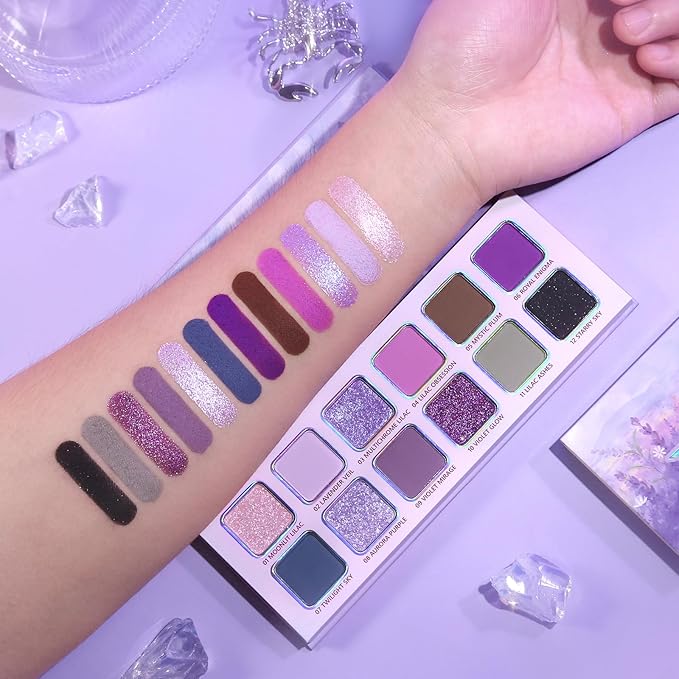 Purple Eyeshadow Palette, 12 Shades Lavender Purple Glitter EyeMakeup Pallet Smokey Neutral Silky Blendable Cream Eye Shadow for Older Women MatteMatellic Pink Compact for Cosplay Halloween Witch Look