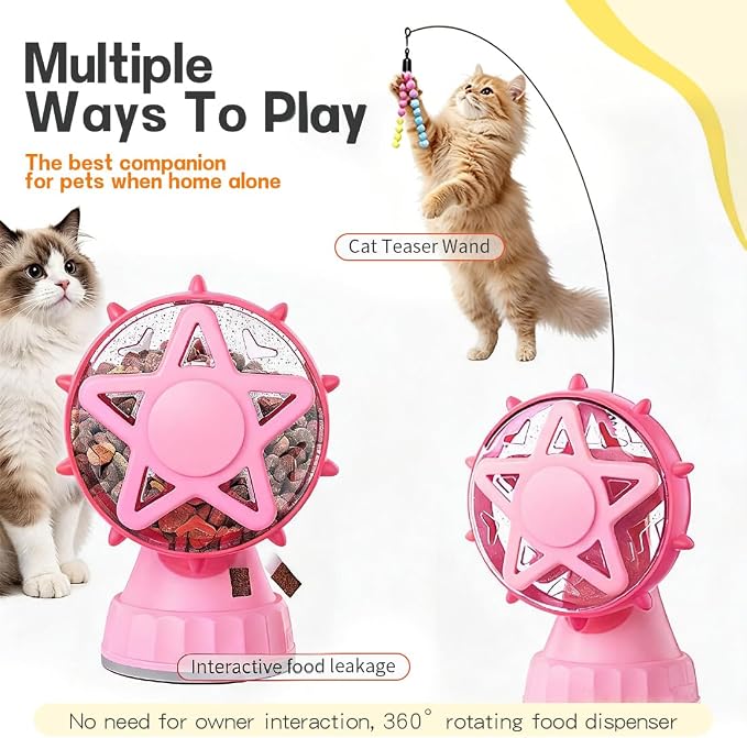 2-in-1 Interactive Cat Toy, Rotating Treat Dispenser with Strong Suction Cup & Teaser Wand, Adjustable Slow Feeder Puzzle Toy for Cats, Boredom Relief & Mental Stimulation Fits Kibble ,Treats (Pink)