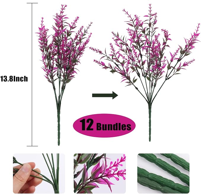 RECUTMS Outdoor Artificial Plant UV Resistant Flower Fake Stems Plants 12Pc | Faux Plastic Greenery for Indoor Outside Hanging Plants Garden Porch Window Box Wedding Farmhouse Outdoor Patio Decorations