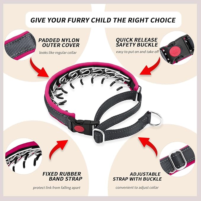 Martingale No Pull Dog Collar for Large Medium Small Dogs, Heavy Duty Nylon Reflective Adjustable Anti Pull Slip Collar with Buckle for Training Walking S Black Hot Pink