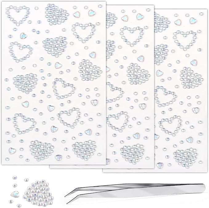 3 Sheers Self Adhesive Rhinestone Sticker Laser Acrylic Heart Gem Stickers for Face Bling Heart Crystal Sparkle Hair Jewels Pearls Diamond Crystal for Eye Face Body Holiday Party Decorations