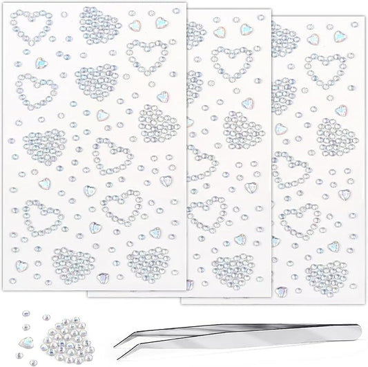 3 Sheers Self Adhesive Rhinestone Sticker Laser Acrylic Heart Gem Stickers for Face Bling Heart Crystal Sparkle Hair Jewels Pearls Diamond Crystal for Eye Face Body Holiday Party Decorations