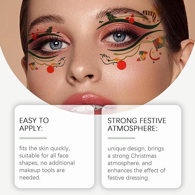 Christmas Face Stickers - Easy Apply Water Transfer Temporary Tattoos for Cheek & Face - Festive Holiday Designs for All Skin Types, No Tools Needed - Party Makeup for Kids & Adults (10 Sheets)