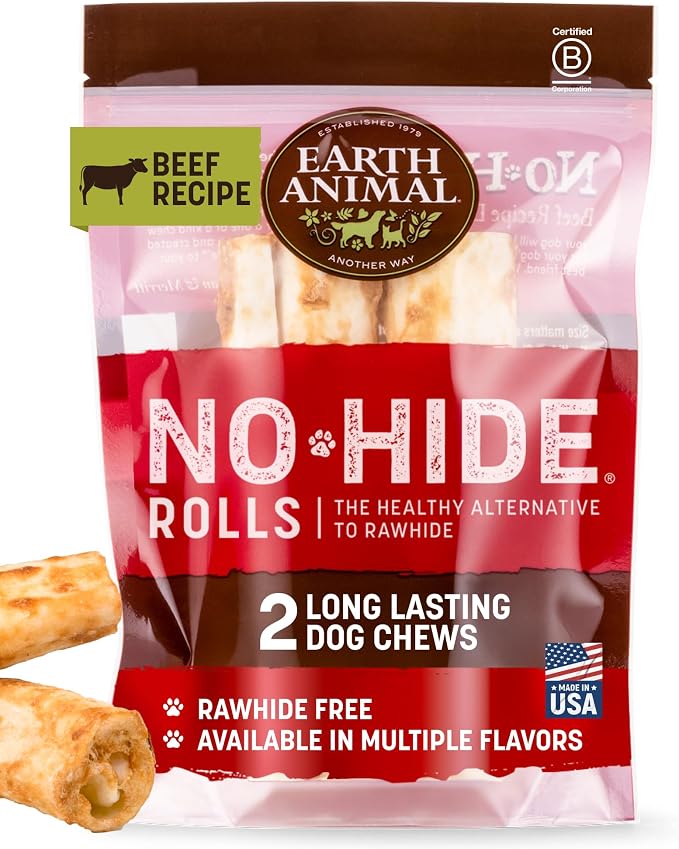 Earth Animal No Hide Dog Chews - Rawhide Free Medium Rolls 2 Count Beef | Medium Beef Flavored Natural Rawhide Free Long Lasting Dog Chews - Treats for Medium Dogs and Aggressive Chewers