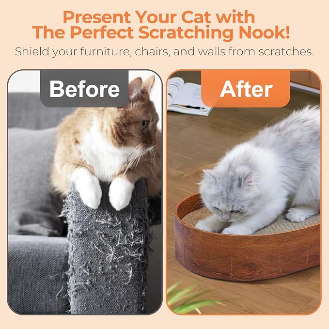 Oval Cat Scratcher Bed 16 in, 3 Reversible Cardboard Scratch Pads for Cats | Cat Scratching Board, Corrugated Cardboard Inserts, Double-Sided Use, Bowl Shape, Furniture Protection, Indoor Floor Use