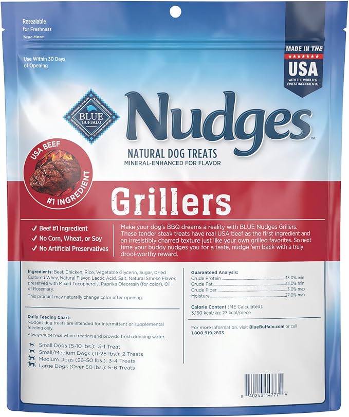 Blue Buffalo Nudges Grillers Natural Dog Treats with Real USA Beef, Made in the USA, Steak, 36-oz Bag (Pack of 3)