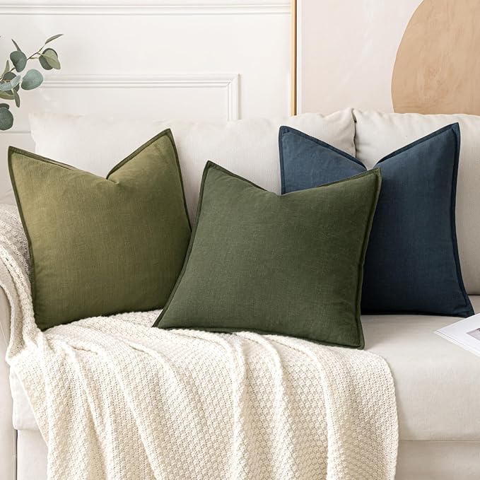 MIULEE Decorative Linen Euro Sham Pillow Covers 24x24 Dark Olive Green | Boho Farmhouse Neutral Couch Throw Pillows for Bed, Pack of 2 Accent Modern Pillowcases, Sofa Livingroom Home Decor