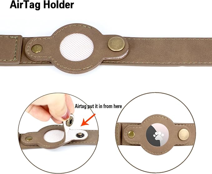 Airtag Dog Collar, PU Leather Collar w Airtag Holder for Large Dogs(Brown)