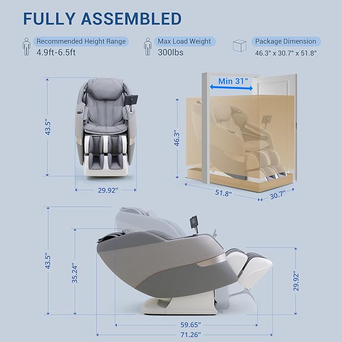 MYNTA Massage Chair Full Body, 170° Flexible SL Track Shiatsu 3D Massage Chairs with Zero Gravity, Bluetooth Speaker, Airbags & Heating, MC1650(Grey)