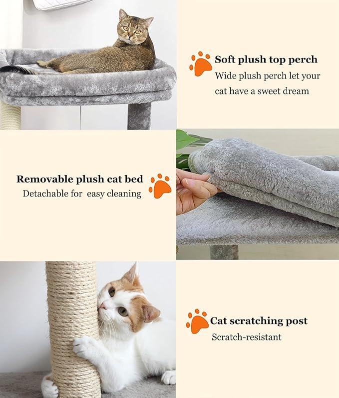 SYANDLVY Small Cat Tree for Indoor Cats, Activity Cat Tower with Scratching Post for Kittens, Cat Bed & Furniture with Basket & Hanging Ball for Play Rest | Scratching Post, Cat Bed & Furniture with Basket & Hanging Ball for Play Rest, Grey