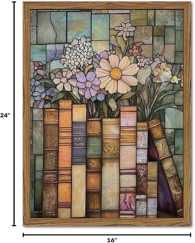 YYNISPIN Vintage Book Wildflower Wall Art Moody Stained Glass Book Lover Wall Decor Painting, Whimsical Reading Nook Library Poster Canvas Prints for Cottage Bedroom Living Room 16x24 inch Frame