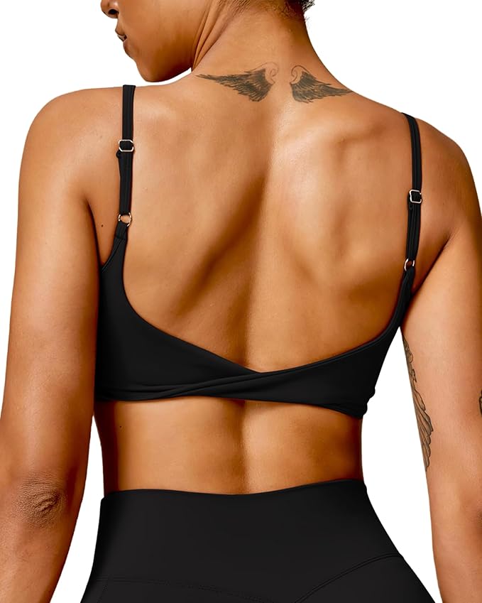QUOJIZY Sports Bras for Women Open Back Workout Tops for Women Yoga Bra Spaghetti Straps Twist Back