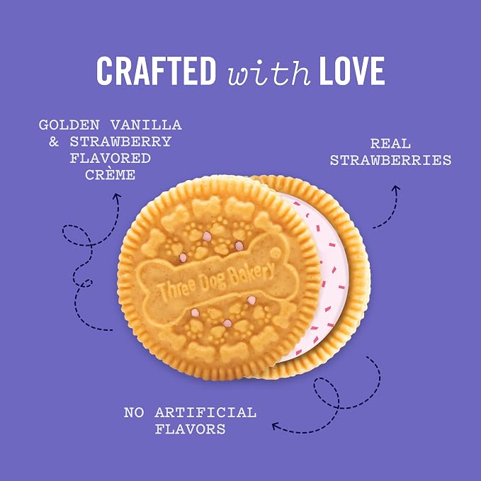 Three Dog Bakery Lick'n Crunch! Dog Treats - 13 oz | Strawberry Shortcake Sandwich Cookies with Golden Vanilla and Strawberry Flavored Creme - Crunchy Pup Treats