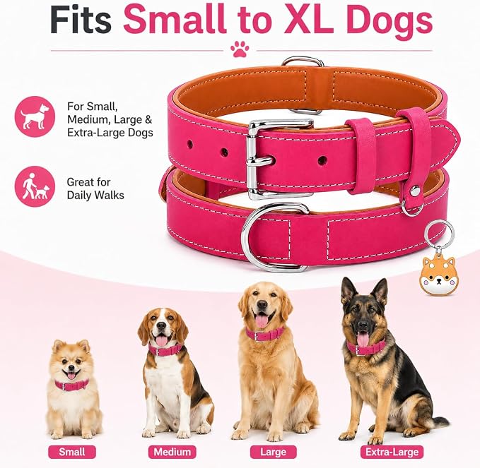 Genuine Leather Dog Collar, Soft Padded Leather Dog Collars with Airtag Holder Case for Small Medium Large X-Large Dogs,Comfort Heavy Duty Pet Collar with Durable Metal Buckle & D-Ring-Pink/XS