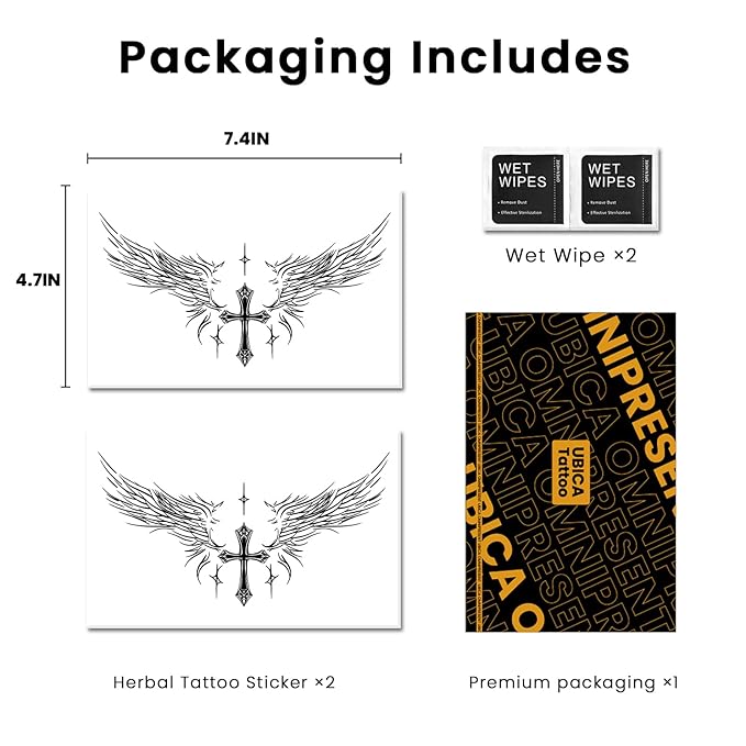 Semi Permanent Tattoo for Men(Large), 2 Sheets Angel Wing Tattoos(Cross), Lasts 7-15 Days, Develops Fully in 48H, Realistic, Waterproof and Non-Reflective, for Back Chest