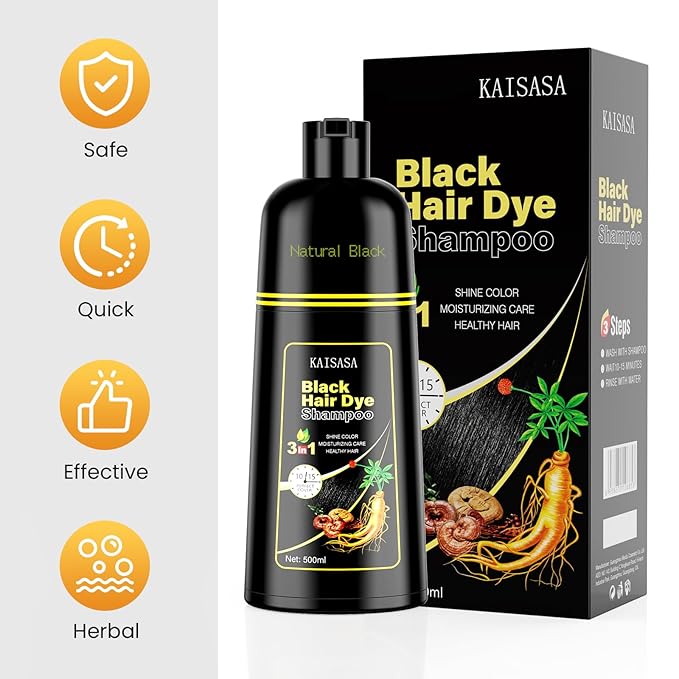 KAISASA Black Hair Dye Shampoo 3 in 1, Hair Color Shampoo for Women and Men, Hair Dye to Cover Gray Hair, Herbal Ingredient Shampoos for Grey Hair Coverage 500ml (Black)
