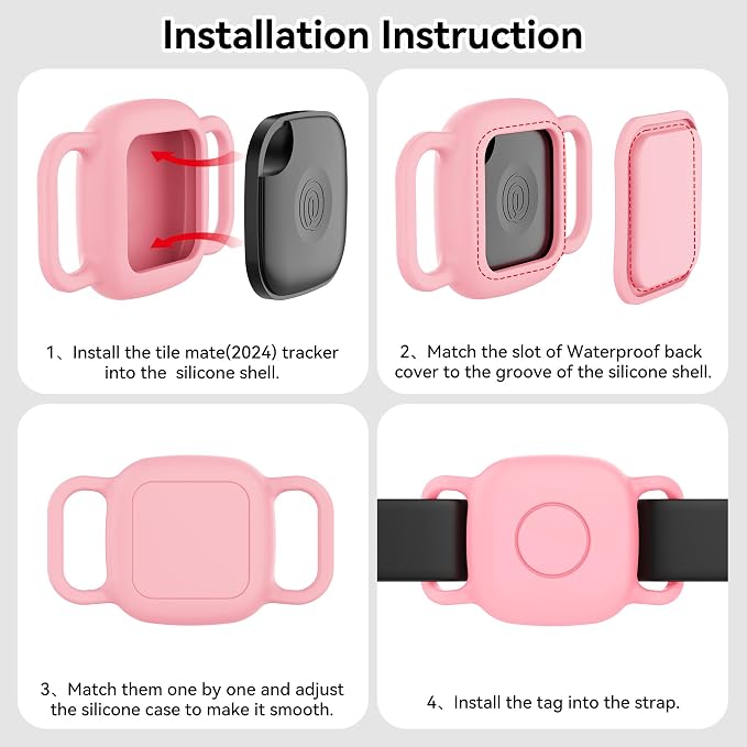 DDJ Waterproof Dog Collar Holder for Life360 Tile Mate Tracker, 4-Pack Durable Silicone Cover, Anti Lost for Tile Tracker Case for Cat & pet Collars, Easy Installation, Black, Pink Punch, White, Pink