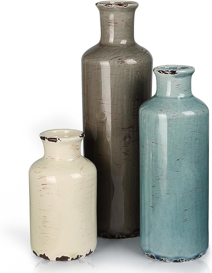 CUCUMI Ceramic Vases Set of 3, Rustic Vintage Vases Coastal Home Decor | Farmhouse Flower Vases Decor for Shelves, Ocean Beach Style, Mantle, Fireplace, Coffee Table, Shelf Decorations