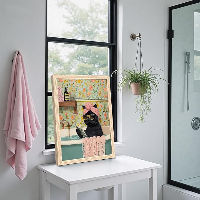 ICHZUMW Framed Funny Black Cat in Bathtub Canvas Bathroom Wall Art 16x24 In | Humorous Cat Wearing Sunglasses Reading Book, Girly Pink Dopamine Bathroom Wall Decor, Restroom Powder Room, Ready to Hang