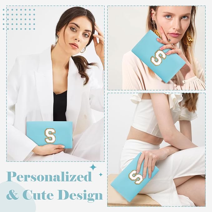 Small Personalized Initial A-Z Preppy Patch Makeup Bag,PU Chenille Letter Travel Cosmetic Pouch with Zipper,Blue Cute Toiletry Bag,Gift Ideal for Teen Girls Women Teacher Bridesmaid,Letter S