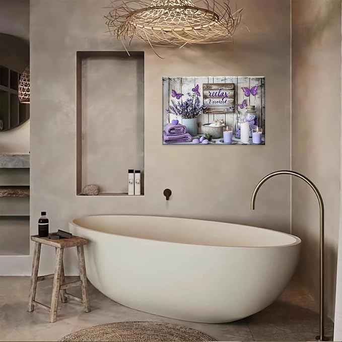Purple Bathroom Canvas Wall Decor Relax Soak Canvas Wall Art Butterfly Floral Print Poster Artwrok Unwind Bathroom Washroom Painting Pictures 12x16 In