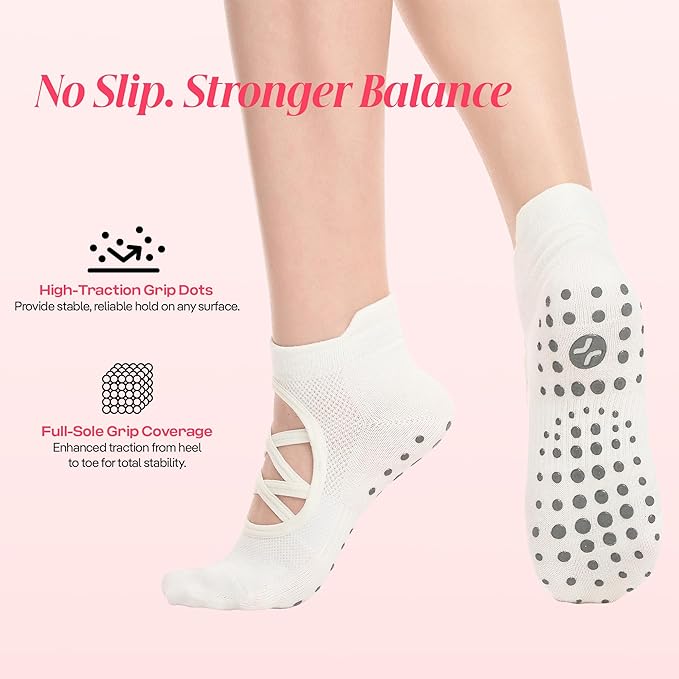 COOLMATE Pilates Socks with Grips for Women, Yoga Socks, Crew Non Slip Women for Barre, Pilates Gifts for Women