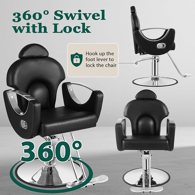 Black Reclining Salon Chair for Hair Stylist, Heavy Duty Hydraulic Pump Barber Hair Chairs, 360 Swivel Styling Chairs for Home Barbershop Beauty Spa Equipment