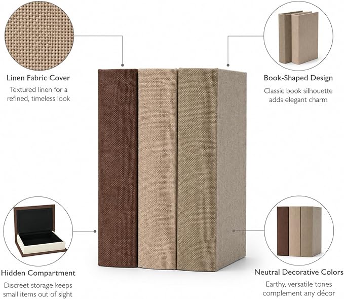 DECOR4SEASON Modern Linen and Wood Decorative Faux Book Boxes Set of 3, 8" | Stackable Storage Boxes for Shelves, Coffee Table, and Office Organization (Earth Tones)