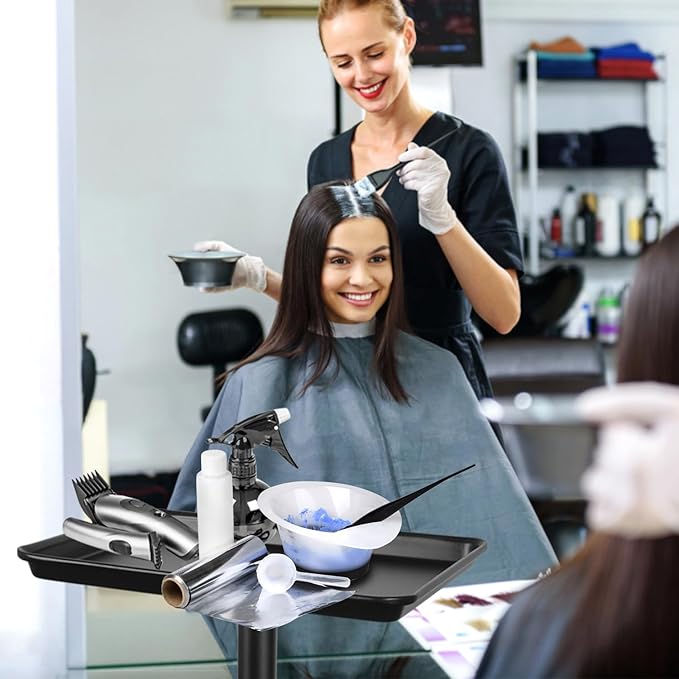 Black Salon Tray Height Adjustable Hair Color Tray with Wheels for Spa or Home Use