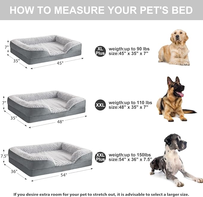 LEXTRO Orthopedic XXL Dog Bed, Washable Dog Beds for Extra Large Dogs | Comfy Sleeping Dog Bed with Egg Crate Foam, Dog Sofa with Removable Cover, Waterproof Lining&Non-Slip Bottom, Gray
