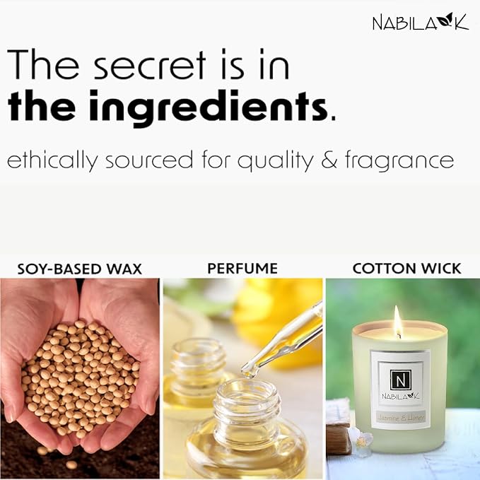 Nabila K – Jasmine & Honey - Soy-Based Candle - Jasmine, Ylang-ylang, Gardenia, Tuberose, and Honeysuckle, Honey - Hand-Poured - Cotton Wick - Aromatherapy - Essential Oils - Made in USA - 14 oz