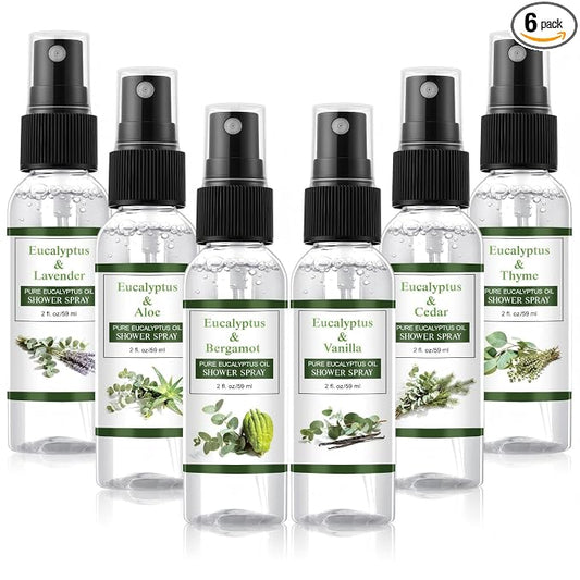 Frienda 6 Pack Eucalyptus Shower Spray with Essential Oils Portable Travel Eucalyptus Blends Mist Spray for Spa and Sauna Steam Room Aromatherapy for Women Teacher Staff Employee Thank You Gifts 2oz