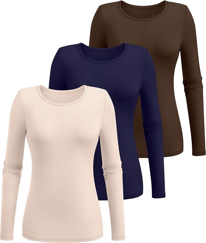 Ficerd 3 Pack Women's Ribbed Long Sleeve Tops, Crew Neck Slim Fit Undershirts Knit Basic Casual Stretch Layering Tee Shirts