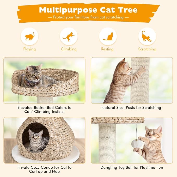 Tangkula Modern Cat Tree, Small Cat Tower with Natural Sisal Scratching Post, Hand-Made Wicker Cat Condo & Top Perch, Funny Hanging Toy Ball, Cute Cat Tree Tower for Indoor Cats