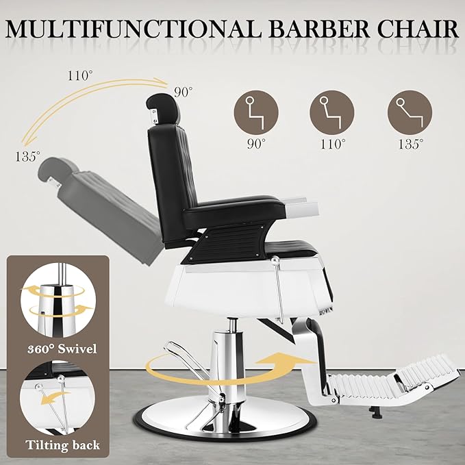 Vintage Recline Barber Chair, Salon Styling Chair for Barbershop w/Adjustable Footrest, Hairdresser Chairs for Barbershop, Professional Salon Beauty Spa Shampoo Tattoo Equipment, Black