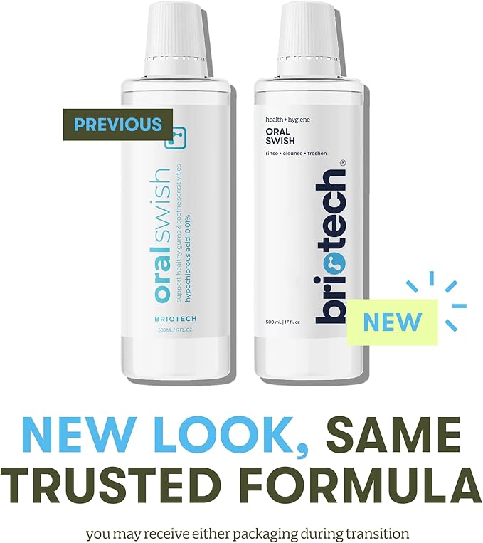 BRIOTECH Oral Swish, Hypochlorous Acid Mouthwash Rinse, Gentle Oral Care Hygiene, Fight Bad Breath, Support Against Plaque, Gum Irritation & Tender Gums, Alcohol & Fluoride Free, 32 fl oz (2 Pack)