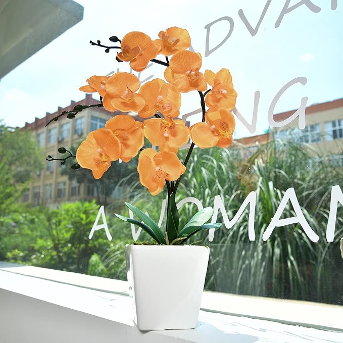 15" Silk Phalaenopsis Orchid in Square Pot, Orange Flower Plant Arrangement | Lifelike Faux Potted Blooms with Moss in a Ceramic Planter. Looks Real, Zero Upkeep, Ideal Centerpiece for Any Table