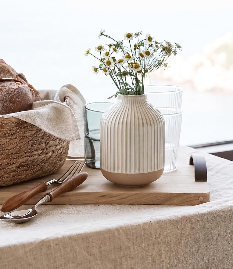 Boho Farmhouse Small Ceramic Vase for Pampas Grass & Flowers - 5.3 Inch Rustic White Vase, Centerpiece for Eucalyptus, Tiny Stems & Bouquets with Embossed Lines