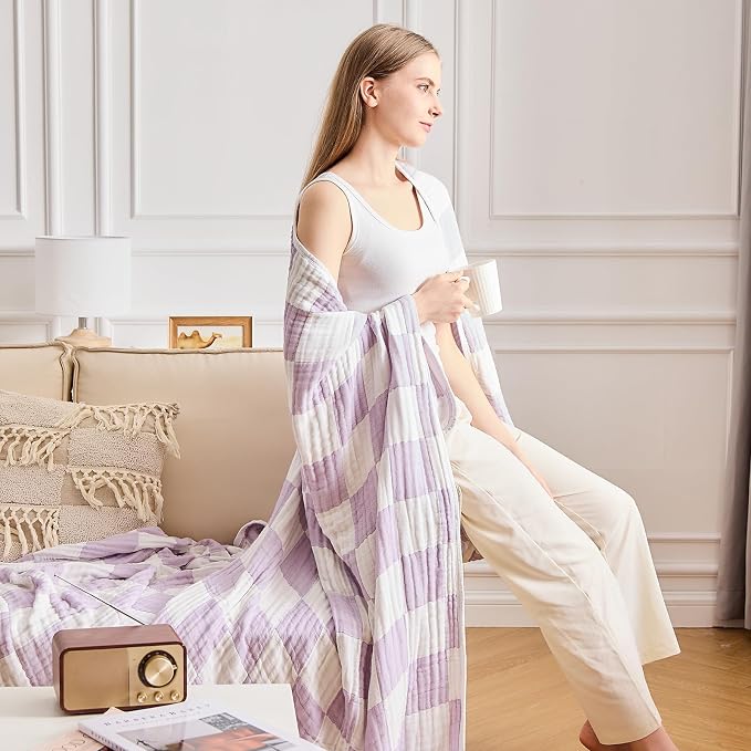 EMME Cooling Muslin Twin XL Blanket - Checkered Lightweight Summer Cotton Blankets of Rayon Derived from Bamboo for Hot Sleepers, Soft Breathable All Season Gauze
