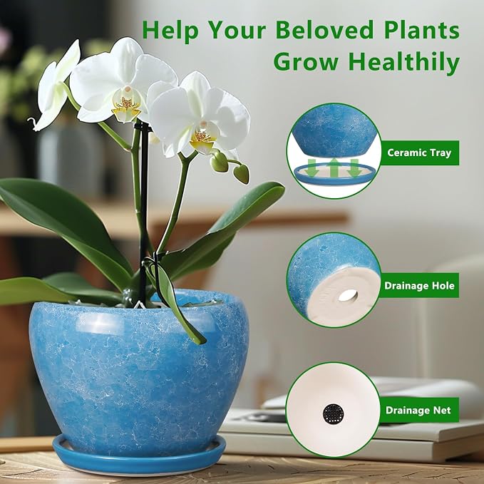 Ceramicfor Ceramic Planter - 8 Inch Plant Pot with Drainage Hole and Saucer, Glaze Round Flower Pot for Home Garden Patio Office, Blue