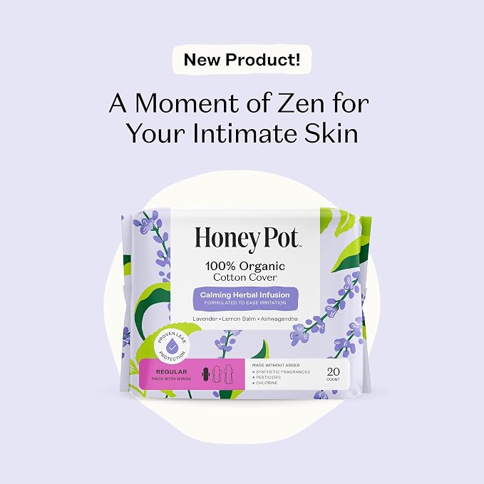 Honey Pot - Calming Herbal Regular Sanitary Pads for Women - 100% Organic Cotton Top Sheet - Feminine Care - Non Cooling - Calming Herbs of Lavender, Ashwagandha, & Lemon Balm - 20ct