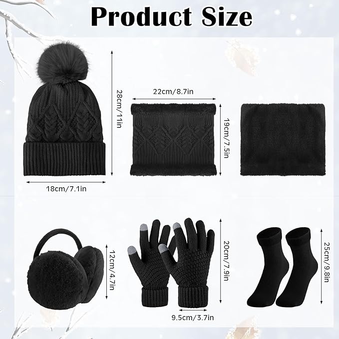 SATINIOR 5 Pcs Winter Hat Scarf Gloves Set Fleece Lined Knit Beanie Hat Warm Touch Screen Gloves Earmuff Warmer for Women(Black,Chic Style)