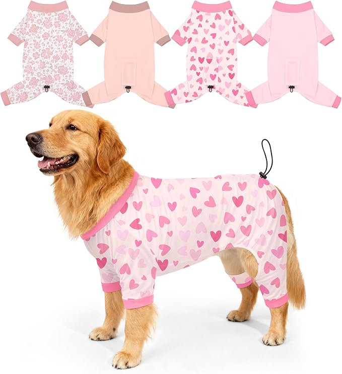Bienbee Dog Pajamas, 4 Pack Adjustable Onesies for Small to Large Dogs 3XL | Dog Shedding Suit with Soft Fabric, Breathable & Stretchy, and Adjustable Back Length for Sleeping Lounging and Daily Use