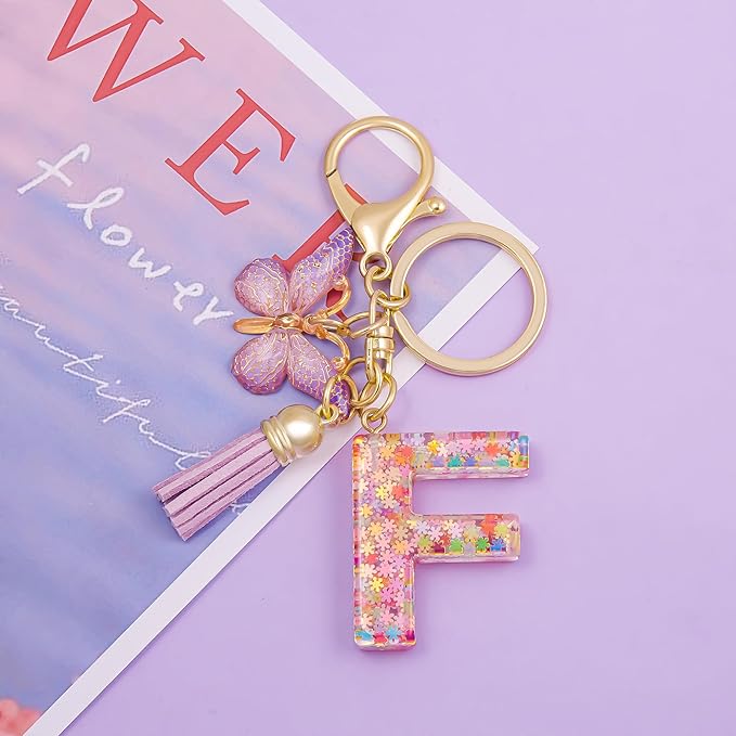 Fashion Alphabet Initial Letter Keychain Tassel Butterfly Pendant Key Ring for Purse Handbags Women Girl