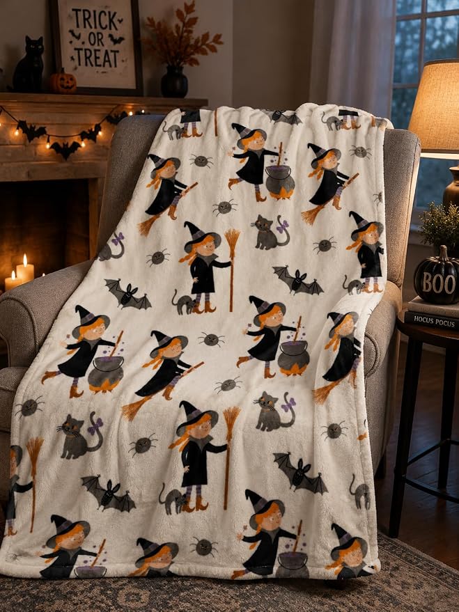 Halloween Ghost Fleece Throw Blanket, Cute Witch Girl, 50x70 oversized | Ultra-soft cozy flannel fleece, for sofa bed couch chair & dorms, spooky Halloween décor, durable and machine washable.