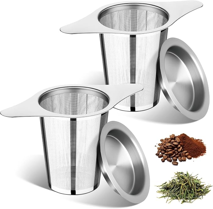 FrutPunch Loose Leaf Tea Infuser with Lid Set of 2, Ultra-Fine Mesh Tea Strainer, Large Capacity, Double Handles, Can be Hung on Teapot, Cup, Gift for Tea Lovers