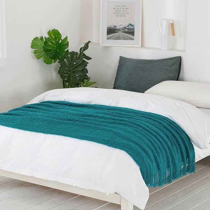 BOURINA Teal Throw Blanket 60x80 Inch Boho Knitted Soft Throw Sofa Blanket | Knitted Throw Blanket 60x80 Inches, Soft Lightweight Boho Weave Throw Decorative Couch Blanket for Living Room Bedroom Chair